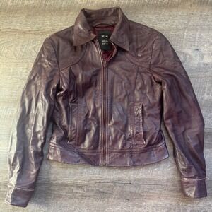Mango MNG Women's Burgundy Lambskin Leather Jacket Zip Front Moto Biker Small